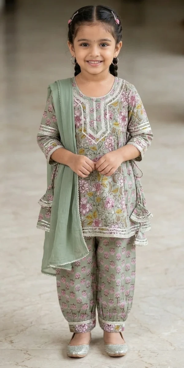 Sage Green Floral Cotton Kameez with Afghani Pants and Dupatta for Girls – 3 Piece Ethnic Set
