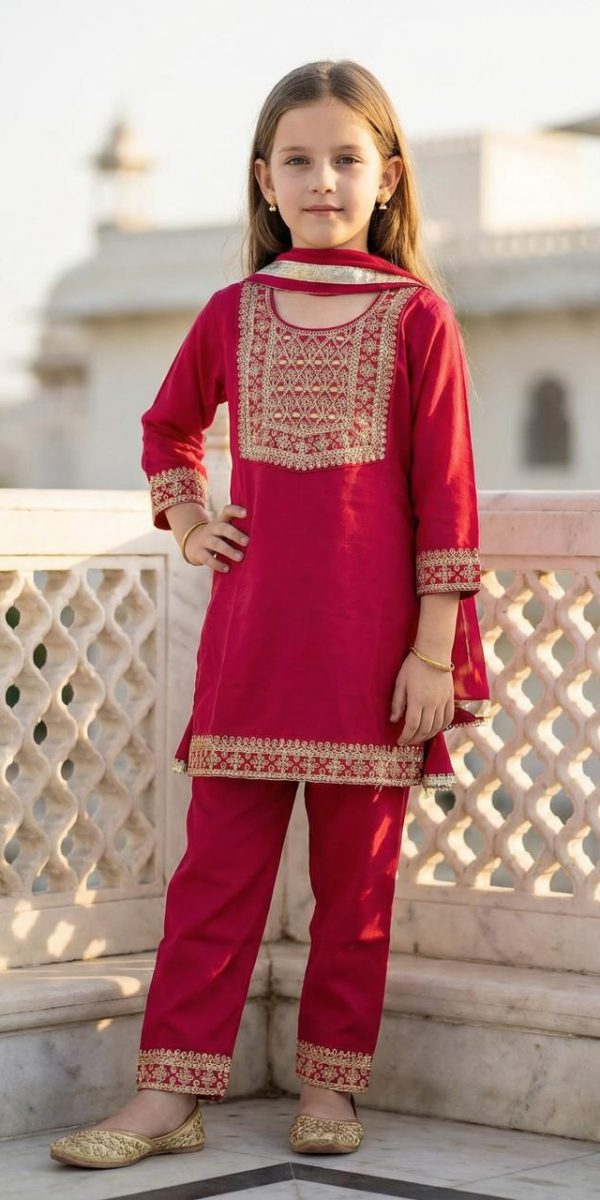 Girls Premium Muslin Punjabi Suit - Rani Pink