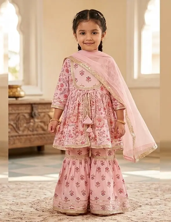 Enchanting Blush Pink Floral Sharara Set with Gota Patti Accents