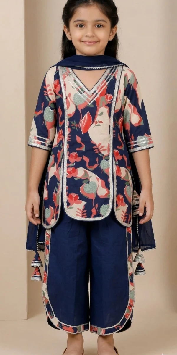 Girls Navy Blue Floral Print Cotton Tunic & Palazzo Set with Gota Patti Work