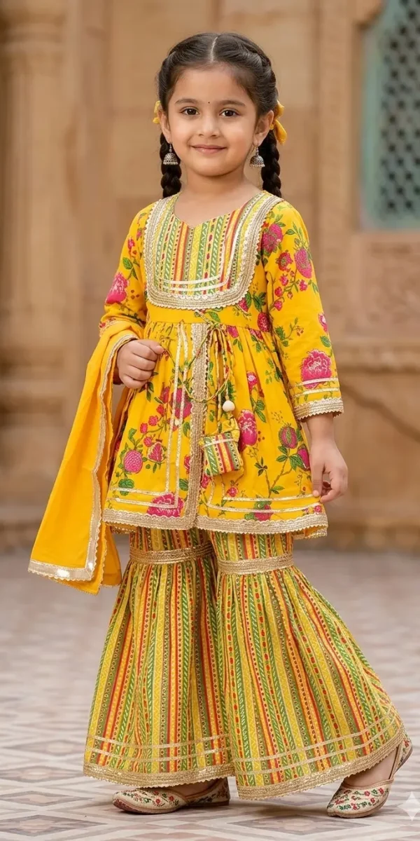 Girls Peplum Kurta with Tiered Sharara & Dupatta – Handblock Inspired Print