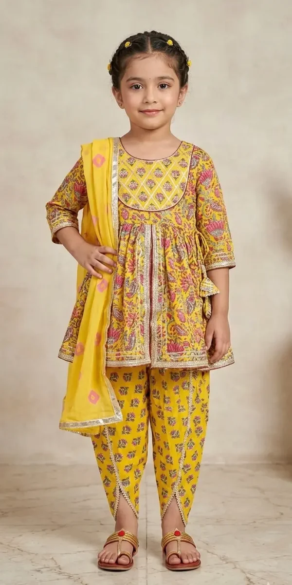 Girls Yellow Floral Cotton Dhoti Kurta Set with Dupatta – Festive Ethnic Wear
