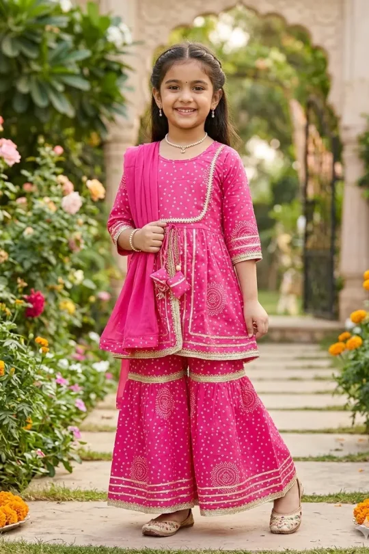 Girls pink bandhani print sharara set indian ethnic kids wear