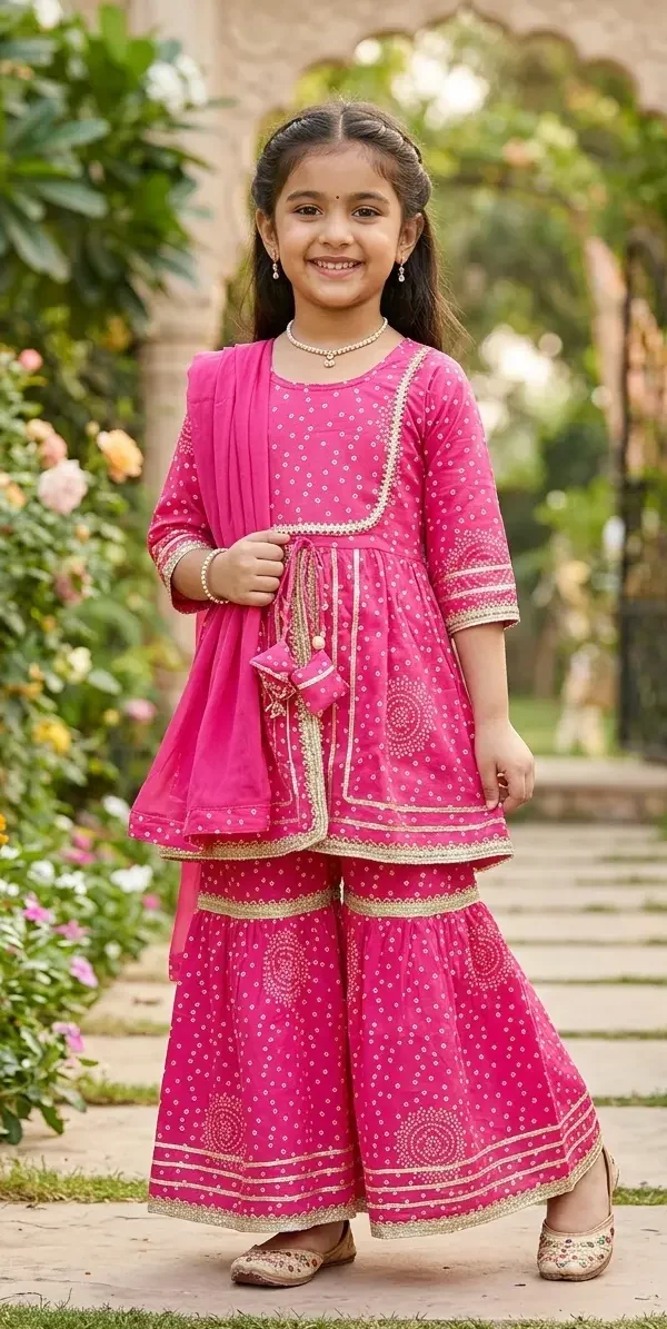 Girls pink bandhani print sharara set indian ethnic kids wear