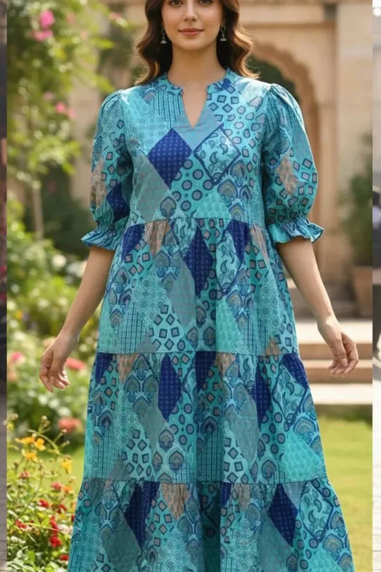 Blue Patchwork Print Tiered Midi Dress in Breathable Cotton - Panachemode Australia