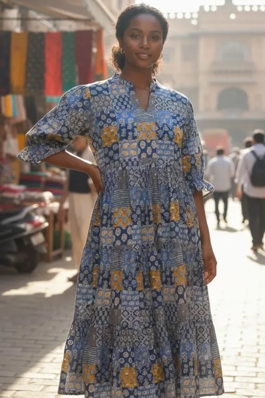 Indigo and Mustard Ajrakh Patchwork Print Tiered Midi Dress - Panachemode Australia
