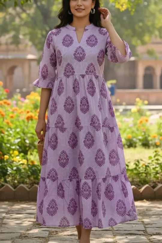 Lavender Jaipur Hand Block Print Tiered Midi Dress for Women - Panachemode Australia