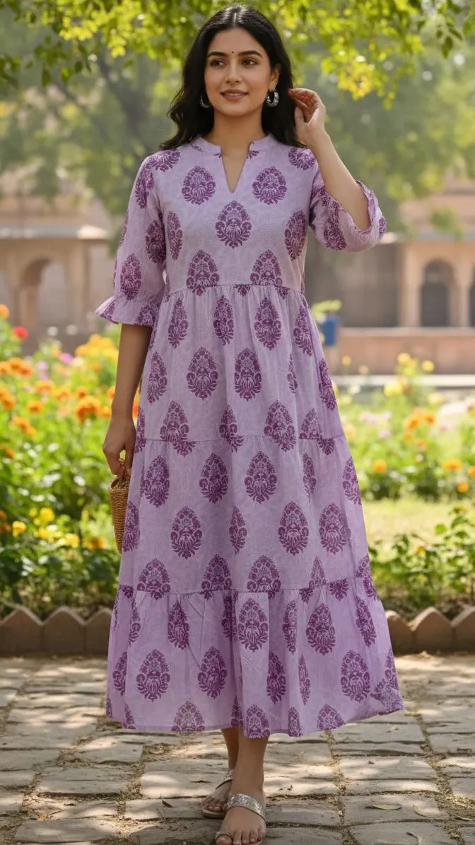 Lavender Jaipur Hand Block Print Tiered Midi Dress for Women - Panachemode Australia
