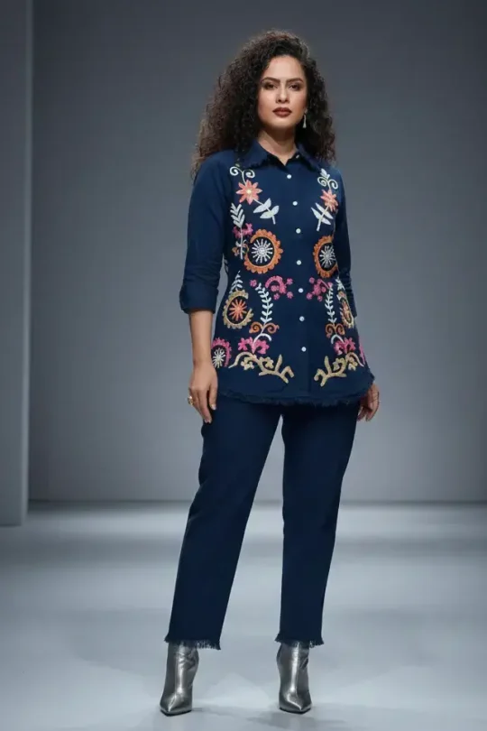 Woman wearing a navy blue long-line embroidered tunic with matching trousers, featuring colorful floral patterns and frayed hem details.