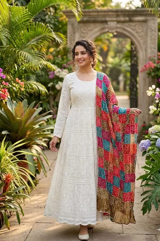 Model in a garden wearing a white embroidered Chikankari Anarkali suit with a colorful checkered Bandhani dupatta – Panachemode Australia.