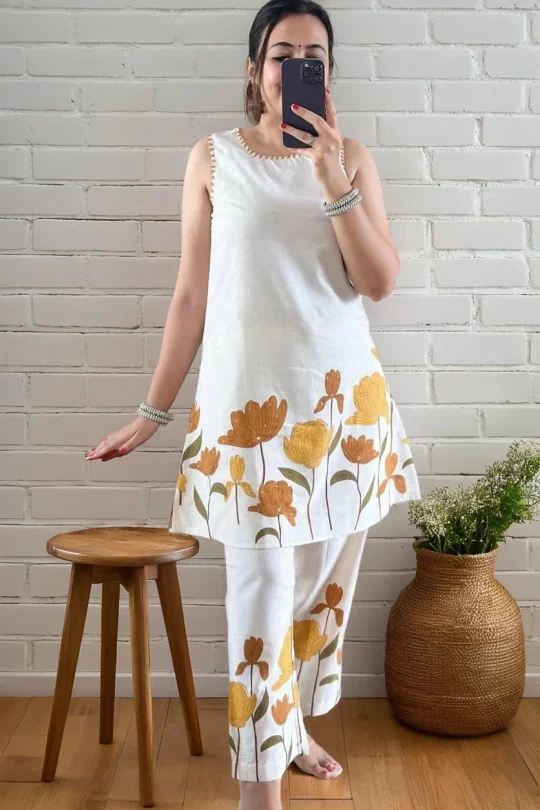 Elegant sleeveless A-line floral print kurti paired with elasticated printed trousers, featuring a modern fusion silhouette in breathable white cotton flex.