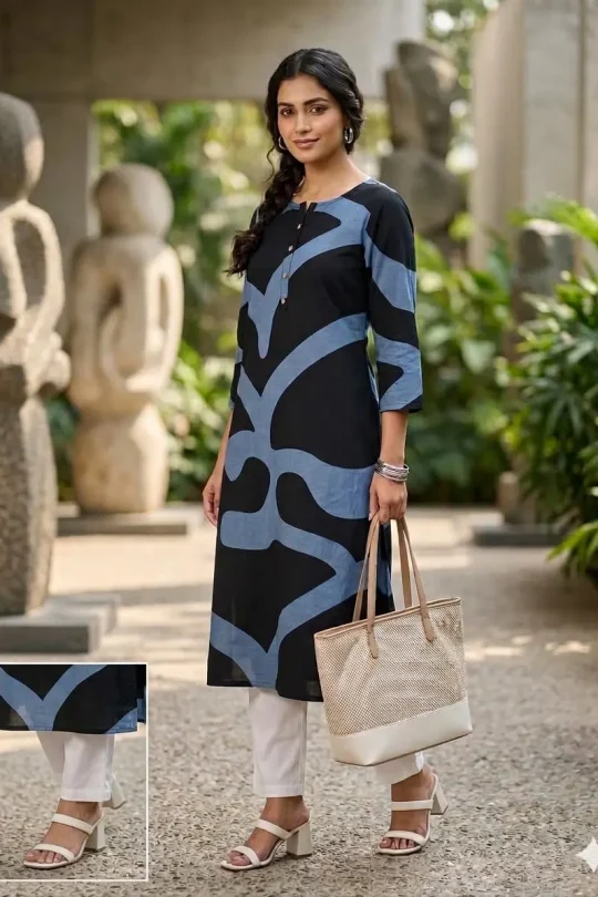 Woman wearing a midnight black cotton kurti with bold steel blue abstract patterns, styled with white trousers and a tote bag.