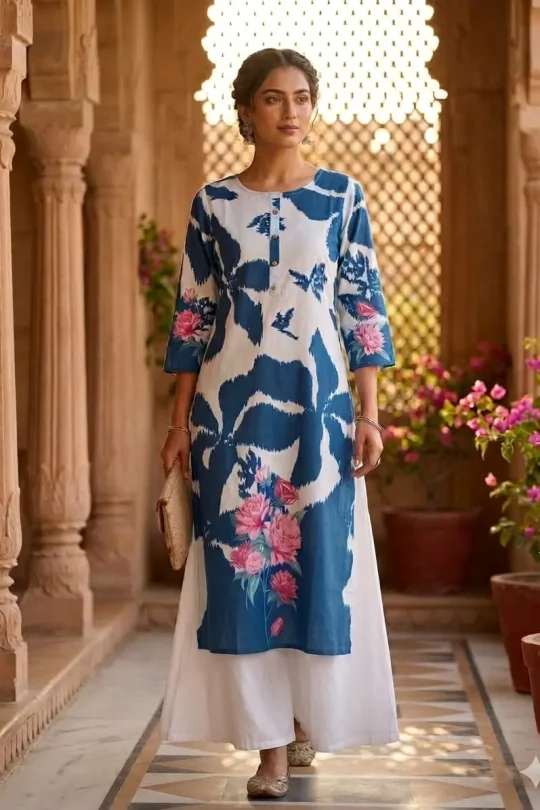 Woman wearing an indigo blue and white shibori-style cotton kurti with pink floral accents on the sleeves and hem.