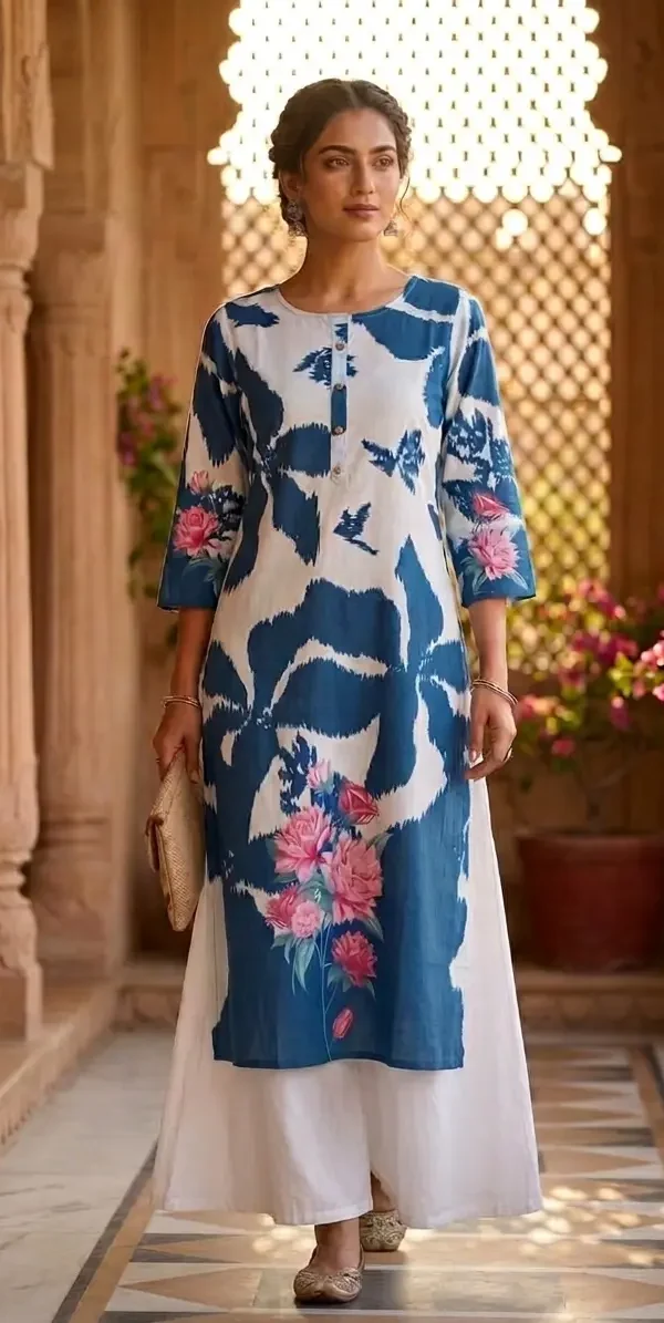 Woman wearing an indigo blue and white shibori-style cotton kurti with pink floral accents on the sleeves and hem.