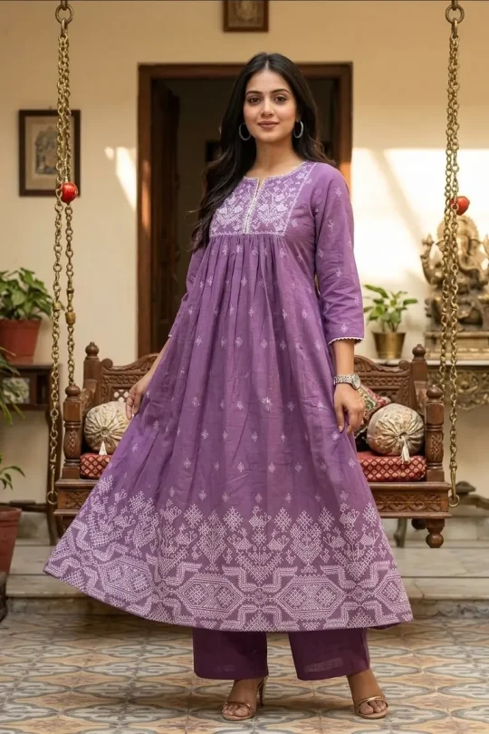Woman wearing a lavender A-line cotton kurta with white embroidery on the neck and border, paired with matching palazzo pants.