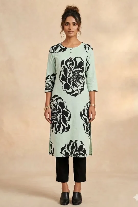 Woman wearing a pastel mint green cotton kurti featuring large charcoal black floral prints, styled with black trousers.