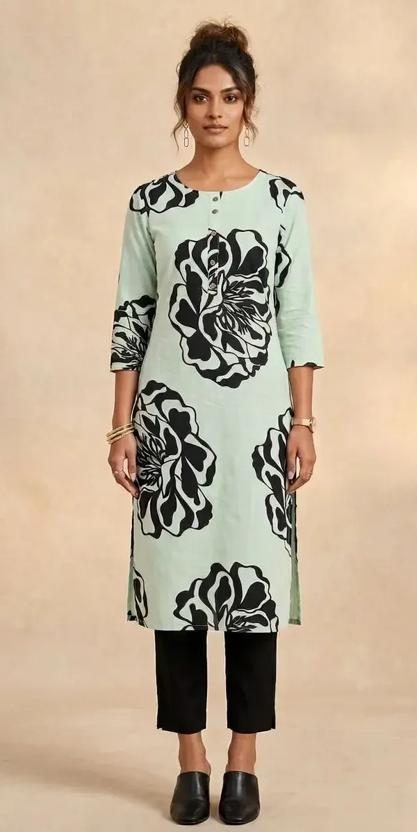 Woman wearing a pastel mint green cotton kurti featuring large charcoal black floral prints, styled with black trousers.